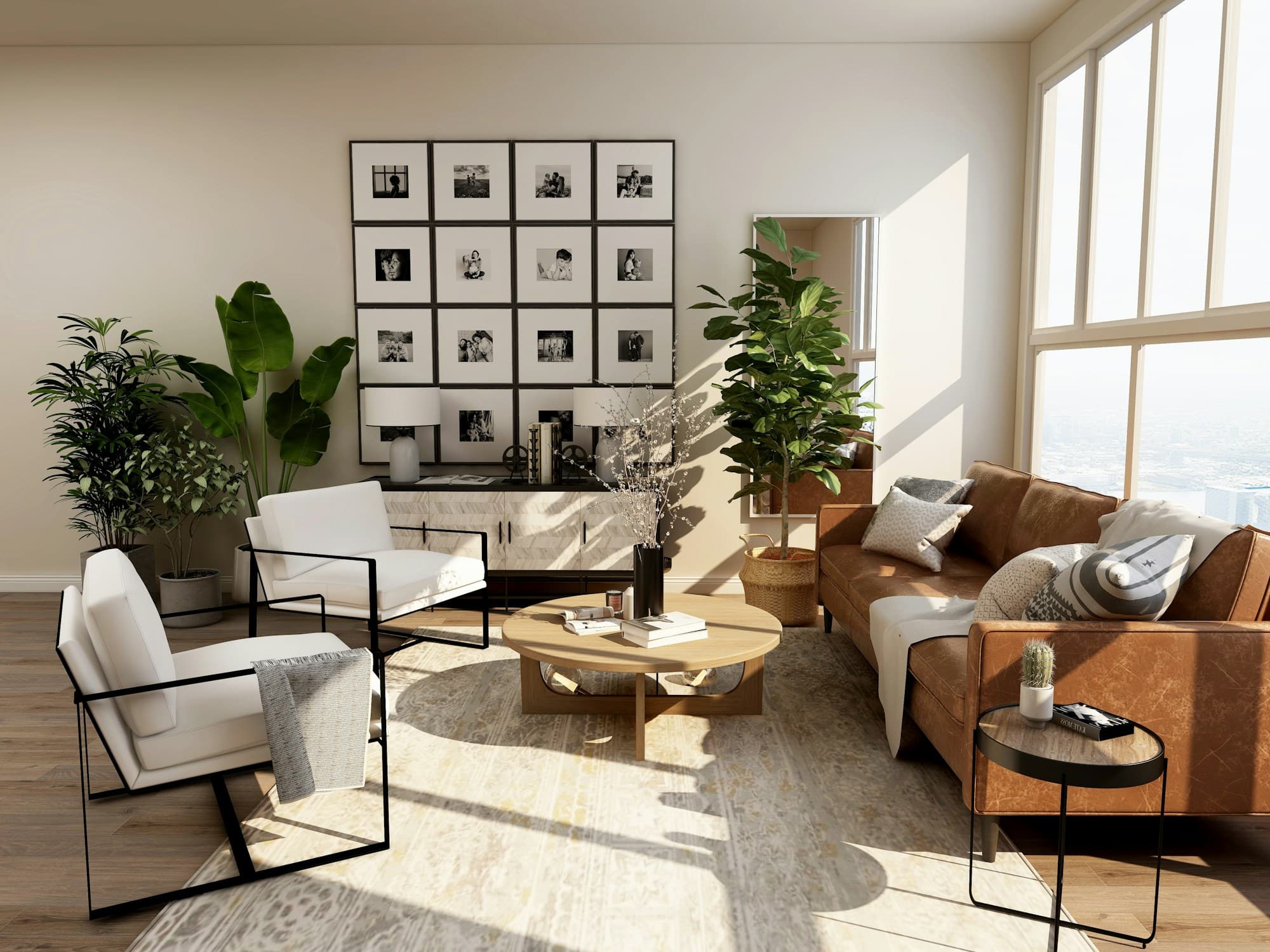 Intérieur lumineux avec canapé et mobilier aux tons naturels